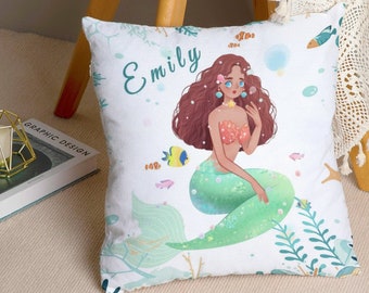 Custom Name Pillow Cover, Black Mermaid Pillowcase Cute Mermaid Throw Pillow Case Square Pillow Birthday Personalized Gift For Girls Her