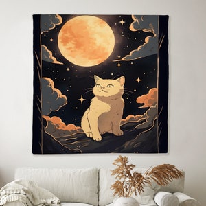 Cute Cat Wall Tapestry, Cloud and Star Wall Hanging, Moon Cat Wall Art Tapestry, Moon Night Wall Art, Cat Lover Gifts, Bedroom Home Decor