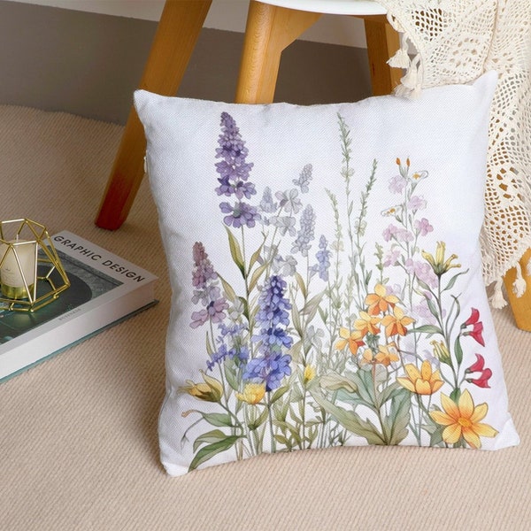 Flower Pillow Covers, Floral Plant Throw Pillow Cases, Wildflower Linen Cushion Cover, Home Decor For Living Room Couch Sofa