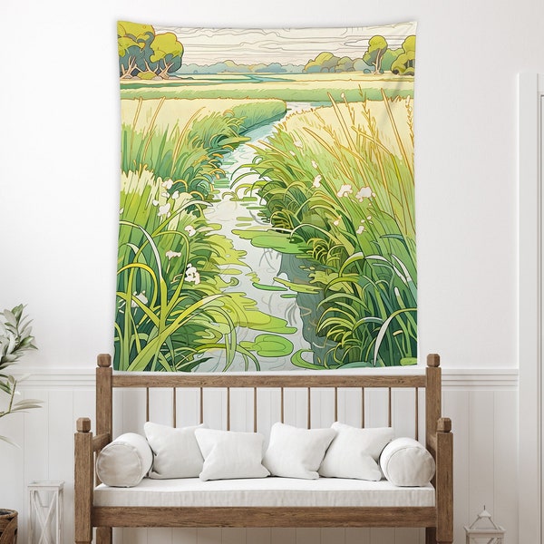 Green Field with a River Tapestry Beautifuel Scenery Wall Hanging Tapestry Forest Tapestry Wall Art Decor for Living Room Bedroom