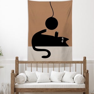 Kawaii Cat Tapestry Cute Black Cat Wall Hanging Boho Minimalist Tapestry Funny Cat Print Wall Art Kid Room Tapestry Modern Room Decor
