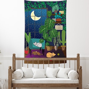 Sleeping Cats Tapestry Green Botanical Tapestry Night Moon Stars Tapestry Funny Cat Wall Hanging Cartoon Background Cloth Home Decor