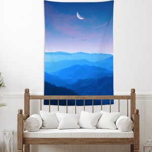 Blue Night Sky Tapestry Moon Wall Tapestry Blue Mountain Tapestry Forest Nature Landscape Wall Hanging Dorm Living Room Bedroom Decor