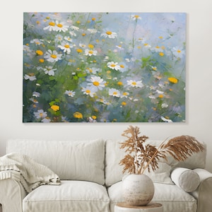 White Daisies Wall Art, Daisy Flower Landscape Painting on Canvas, Floral Art Canvas Print, Oil Painting, Living Room Wall Art Decor