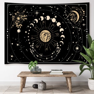 Moon Phase Tapestry Full Moon and Botanical Tapestry Aesthetic Tapestry Vintage Wall Hanging Living Room Bedroom Wall Decor