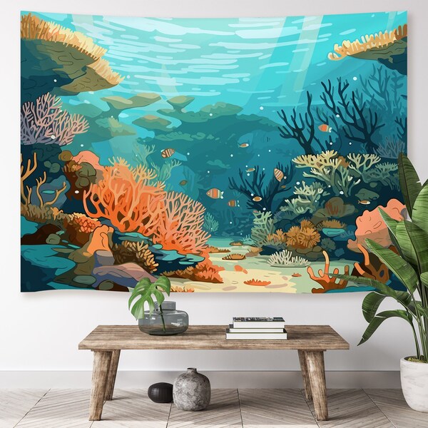 Ocean Tapestry, Sea Wall Hanging Tapestry, Fish and Coral Reef Tapestries Backdrop, Large Blue Ocean Wall Art, Bedroom Home Dorm Wall Decor