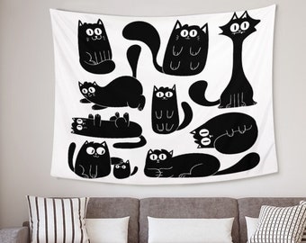 Cartoon Cat Tapestry, Cute Black Cat Tapestry, Animal Background Cloth, Funny Wall Art, Cat Lover Gifts, Home Decoration Gift