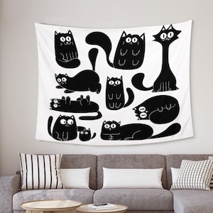 Cartoon Cat Tapestry, Cute Black Cat Tapestry, Animal Background Cloth, Funny Wall Art, Cat Lover Gifts, Home Decoration Gift