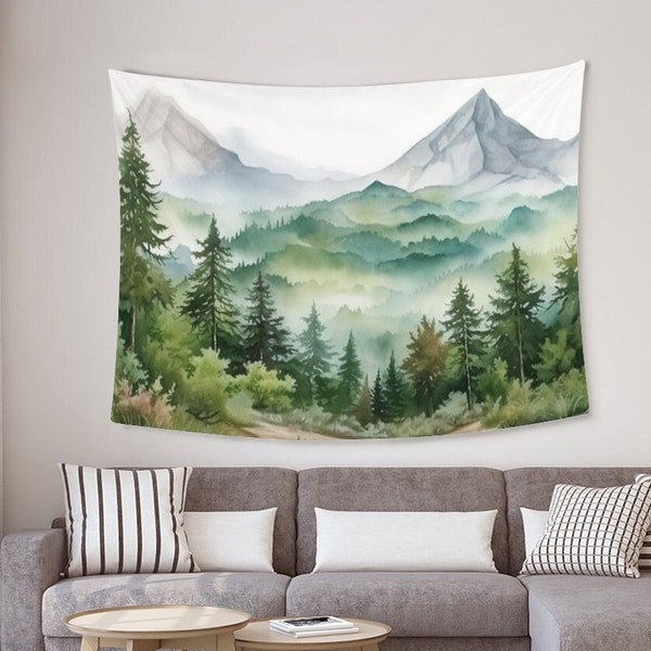 Tapisserie de montagne abstraite, tapisserie de forêt verte aquarelle, tenture murale montagne, art mural paysage forestier, cadeau pour la maison
