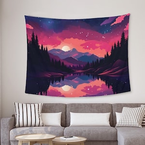 Pink Night Sky Tapestry Forest Tree Mountain Wall Tapestry Night Moon Wall Hanging Nature Landscape Wall Art Bedroom Living Room Decor