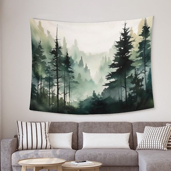 Watercolor Forest Tapestry Spruce Forest Landscape Tapestry Foggy Forest Scenery Wall Hanging Tapestry Home Wall Decor for Living Room