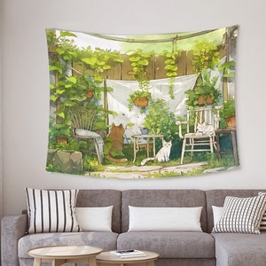 Kawaii Anime Wall Tapestry Cute Cartoon Cat Tapestry Green Garden Plant Tapestry Aesthetic Wall Hanging Background Cloth Home Decor