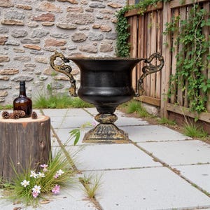 Classical luxury style black gold iron flower urn Vintage Aged Iron Urn Planter Snake Handle Trophy Urn Rustic Classic Flower Pot.