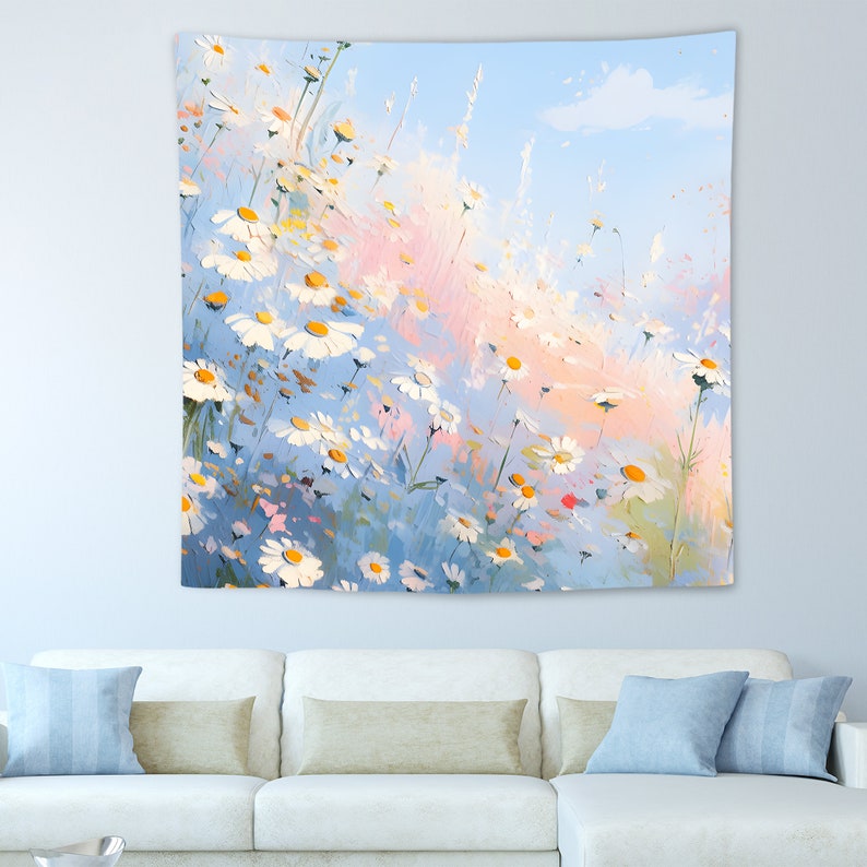 Floral Tapestry, Daisy Wall Hanging Tapestry, Style Oil Painting Tapestry, Garden Tapestry