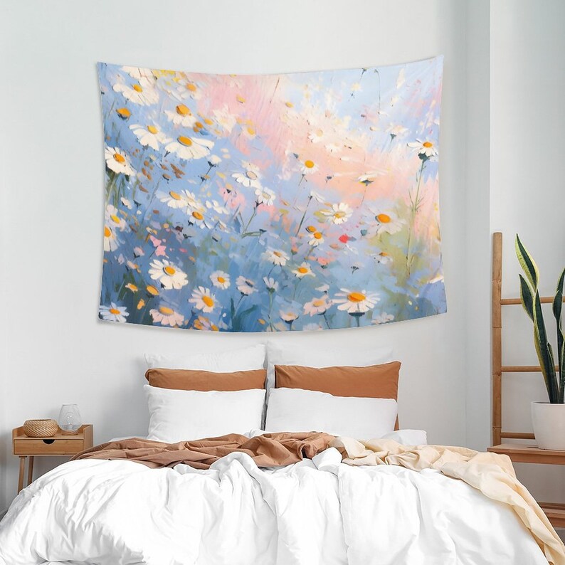 Floral Tapestry, Daisy Wall Hanging Tapestry, Style Oil Painting Tapestry, Garden Tapestry