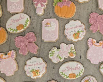A Little Pumpkin is on the Way Themed Girl Baby Shower Decorated Cookies