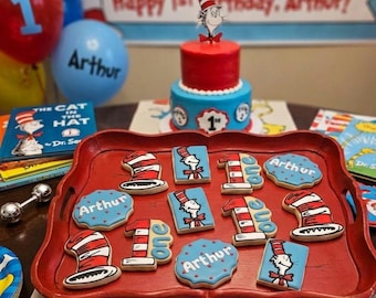 Cat in the Hat Dr Suess Themed Birthday Decorated Cookies