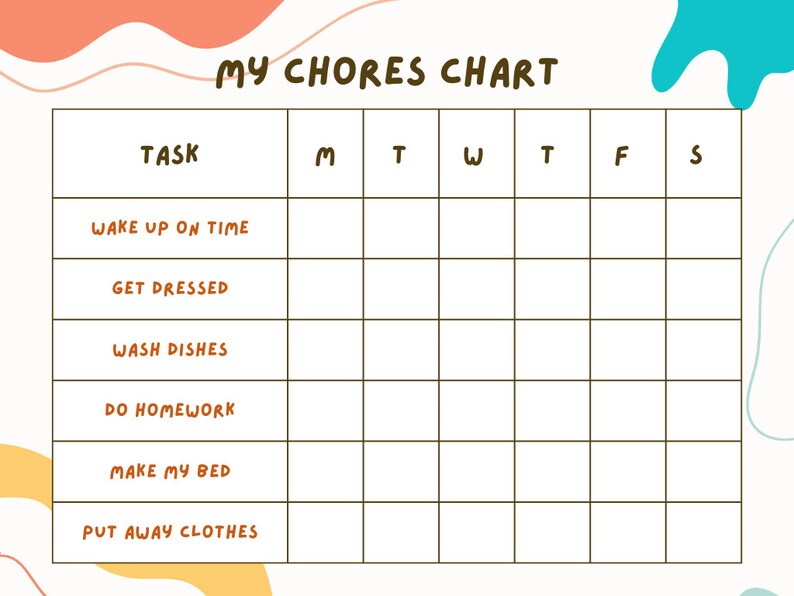 Colorful Chore Chart, Printable Weekly Kids Chore Responsibility Chart ...