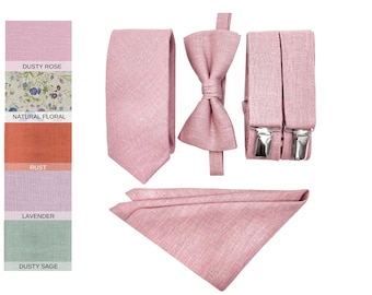 Nœud Papillon et Bretelles Dusty Rose avec Carré de Poche pour Hommes pour Mariage