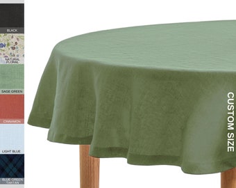 Custom Linen Tablecloth, Handmade Oblong Table Cloth, Sage Green Extra Long Spring Tablecloth in Oval/Circle Shape