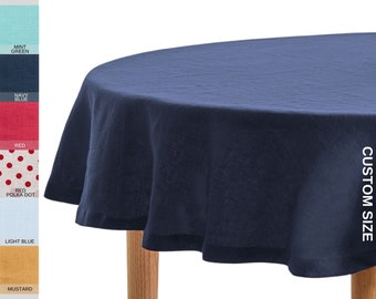 Nappe Ovale pour Table à Manger, Nappe en Lin Style Maison de Campagne, Cadeau de Crémaillère, Nappe Bleu Marine Ovale/Ronde