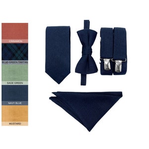 Bowtie and Suspenders Navy Blue Neckties with Pocket Square for Groom Midnight Bow Ties for Wedding