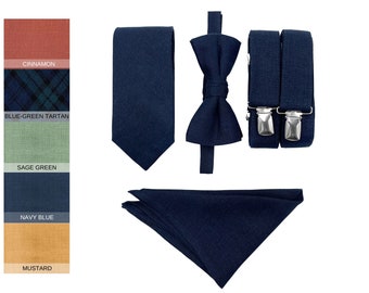 Navy Blue Bow Tie and Suspenders Midnight Mens Neck Ties Pocket Square for Groom