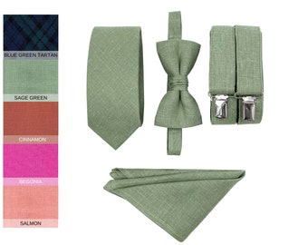 Cravate et Pochette de Mariage pour Hommes, Ensemble Nœud Papillon et Bretelles Vert Sauge pour Garçon d'Honneur et Porteur d'Anneau