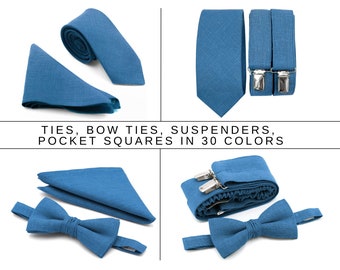 Mens Steel blue bow tie and suspenders ring bearer outfit neckties with pocket square for toddler boys suspender