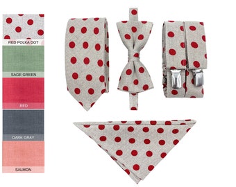 Mens Bow Tie and Suspenders Red Polka Dot Ties with Pocket Square Chistmas Outfit Neck Wear