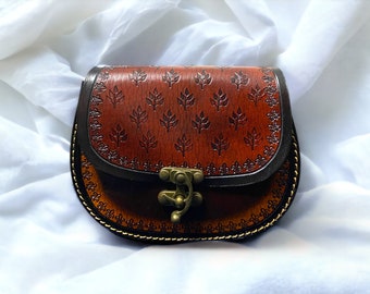 Vintage Tooled Leather Crossbody Bag, Handmade Brown Leather Purse, Boho Shoulder Bag