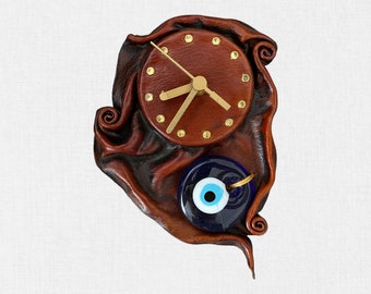 Leather Wall Clok with Evil Eye Bead, Handmade Genuine Leather Wall Clock, Design Wall Clock, Leather Wall Clock with Turkish Beads