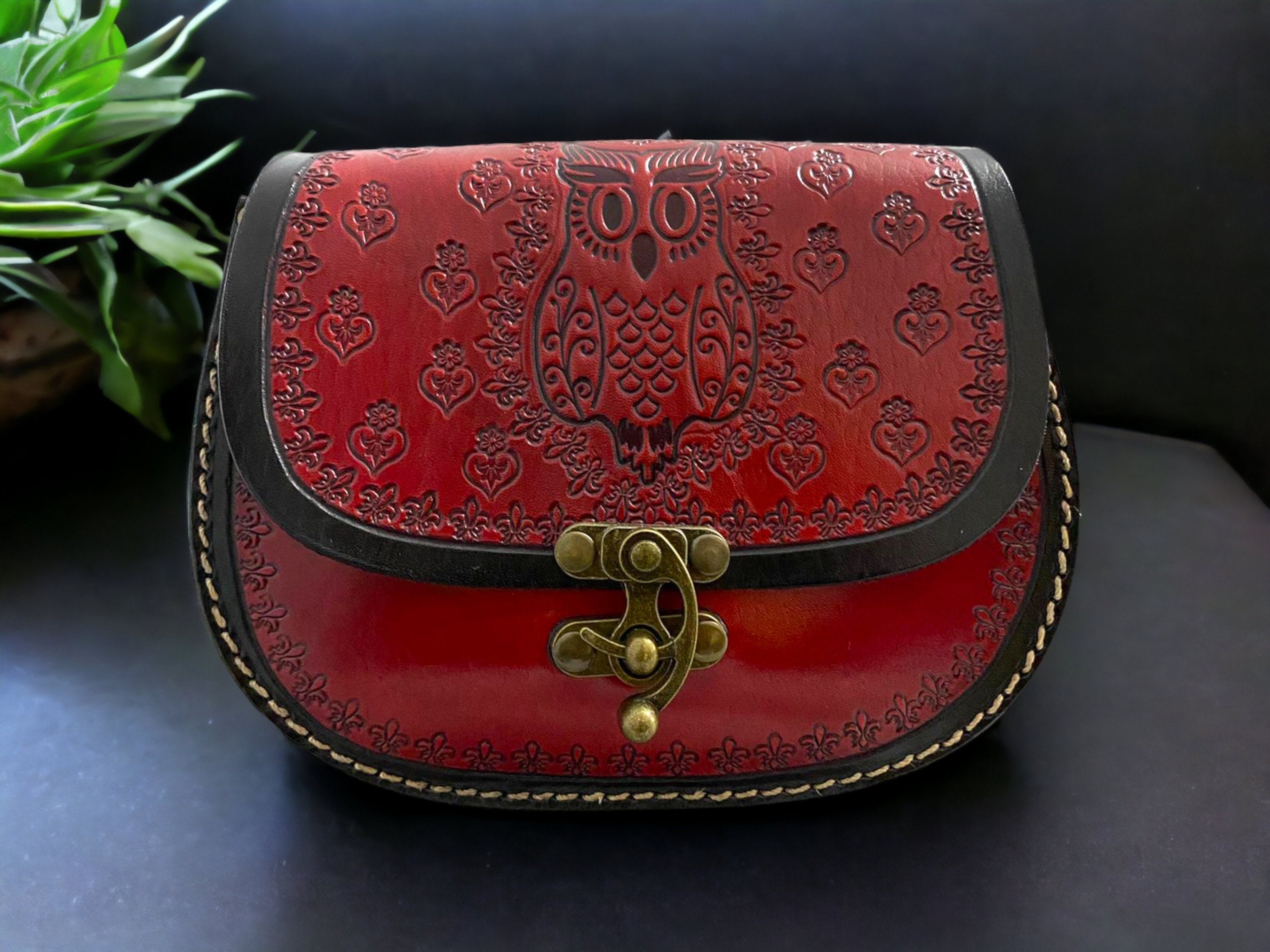 Engraved Owl Leather Crossbody Bag, Turkish Bohemian Bag