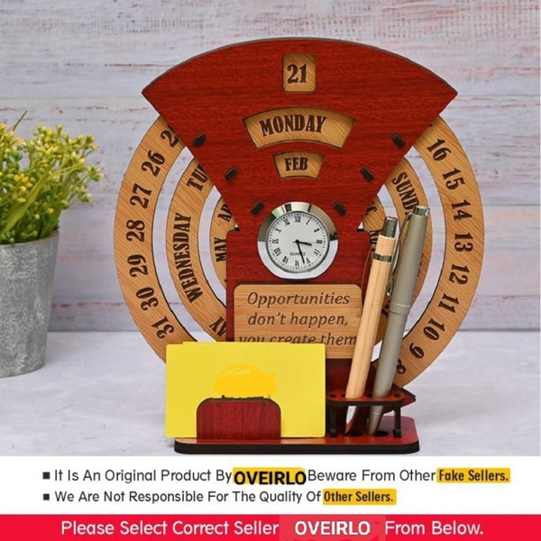 Wooden Desk Table Calendar Spinning Standing Calendar Perpetual Calendar Wooden Calendar Desk Organizer and With Watch for Office Home Red