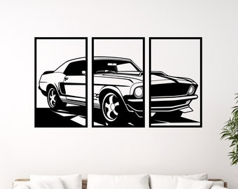 May include: A black and white illustration of a classic car, split into three sections, displayed on a white wall above a white couch.