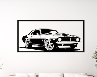 Może przedstawiać: Czarno-biała sylwetka klasycznego amerykańskiego muscle cara, Chevrolet Camaro, na czarnym tle.