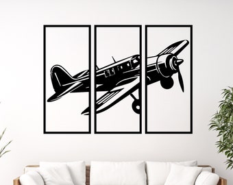 May include: Black and white silhouette of a vintage airplane split into three sections, each in a separate black frame. The airplane is flying with its wings spread and propeller spinning.