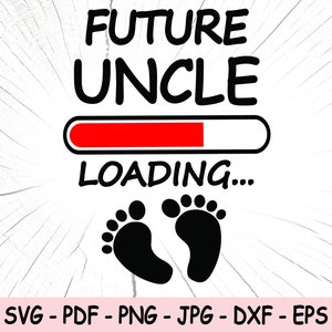 Könnte beinhalten: Schwarz-weißes Grafikdesign mit dem Text "FUTURE UNCLE LOADING..." mit einem roten Fortschrittsbalken und zwei schwarzen Fußabdrücken.