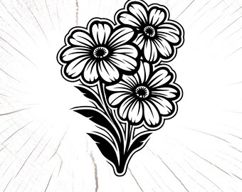 May include: Black and white illustration of three stylised flowers with stems and leaves.