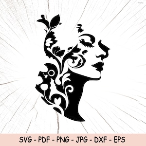 花を持つ女性の顔 SVG ママ クリップアート まつげ SVG、花を持つ女性のベクトル デジタル カット、クリカット シルエット Eps PNG Dxf、花を持つ女性の壁アート