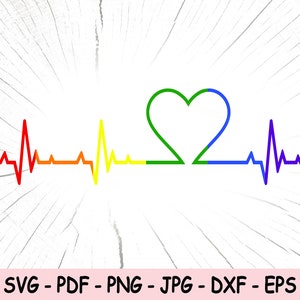 May include: A rainbow-colored heartbeat graphic with a green heart in the center. The heartbeat graphic is a symbol of love and support for the LGBTQ+ community.