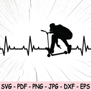 Puede incluir: Silueta negra de una persona montando un scooter con una línea de latido del corazón detrás de ella.