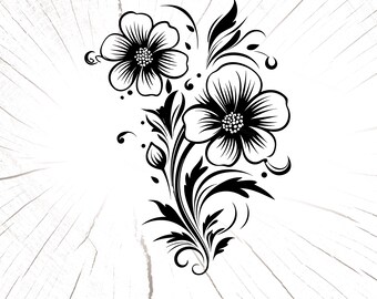 May include: Black and white silhouette of a floral design featuring two large flowers and smaller buds. The flowers have five petals and a central circle. The design is intricate and detailed.
