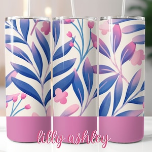 Botanical Sublimation Template for Tumblers Floral Blue Sublimation Designs Tumbler Wrap Tumbler Designs Flowers Sublimation Tumbler 20 oz