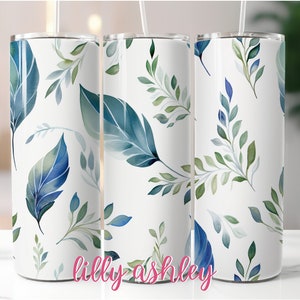 Blue Feather Tumbler Wrap for 20 oz Skinny Tumbler | Botanical Sublimation Templates | Simplistic Nature Plants and Leaves Seamless Designs