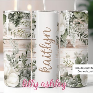 Custom Name Tumbler Wrap for 20 oz Skinny Tumbler | Rustic Floral Wedding Tumbler Bridesmaid for Sublimation | Bride Tumbler to Personalize