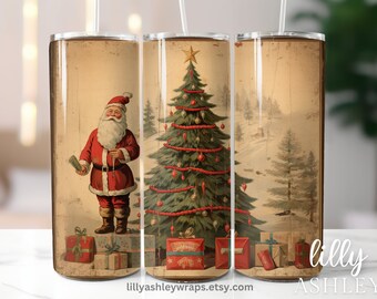 Vintage Christmas 20 oz Skinny Tumbler Sublimation Design Tumbler Wrap, Distressed Holiday Vintage Santa Tumbler Wrap PNG Digital Download