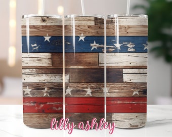 Patriotische rustikale 20 oz Skinny Tumbler Sublimation Vorlage Becherverpackung, Flaggenbecher, amerikanische Flagge Becherverpackung, rustikaler Holzbecher