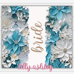 May include: A white background with the word "bride" written in brown script. The background is surrounded by a border of blue and white paper flowers.
