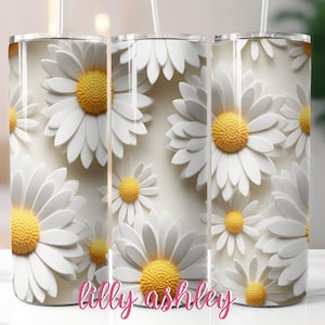 Daisy Flowers Tumbler Wrap for 20 oz Skinny Tumblers | White Daisies Sublimation Templates | Floral Daisy Tumbler Designs | Seamless